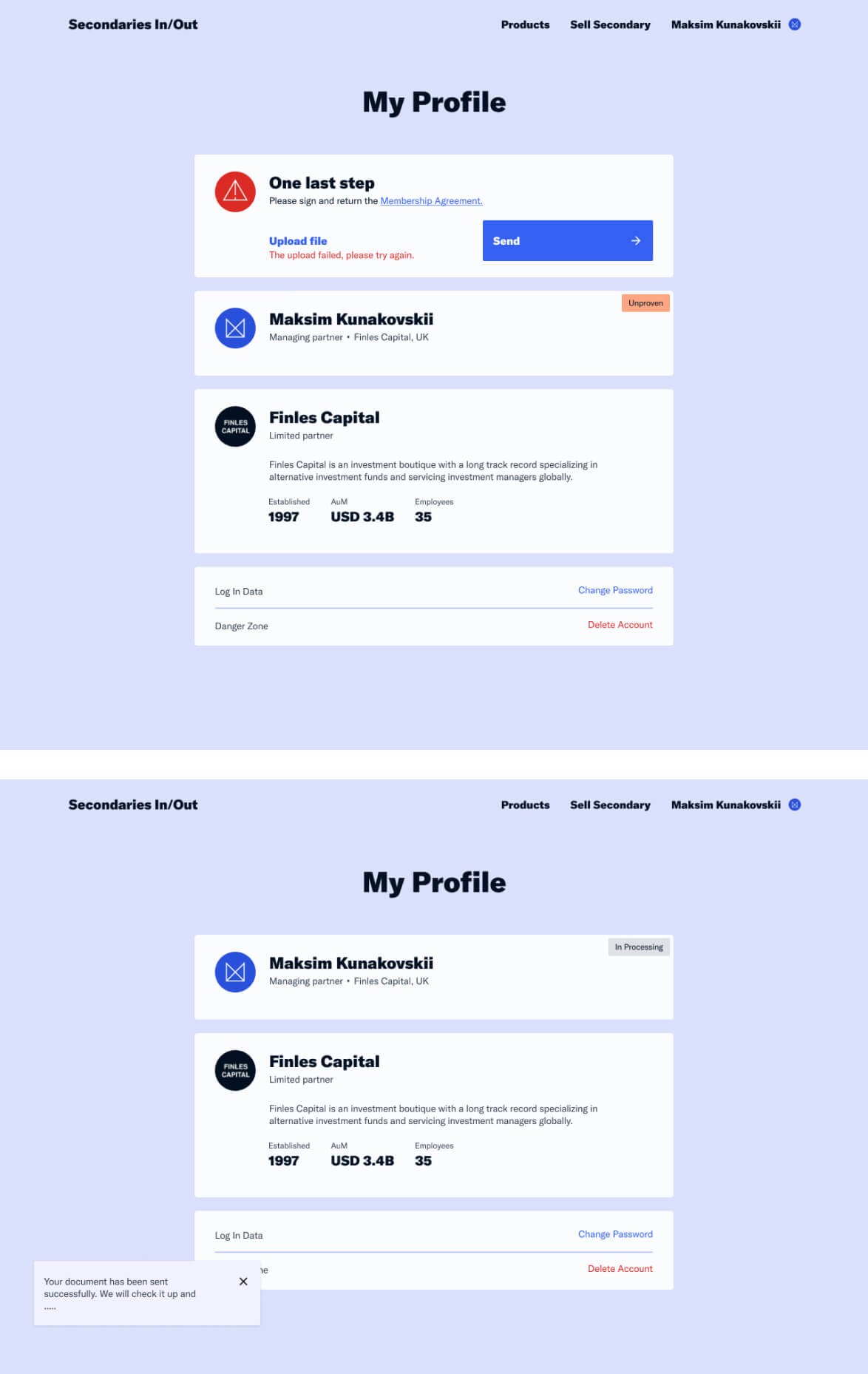 Скриншот страницы my profile сайта Secondaries